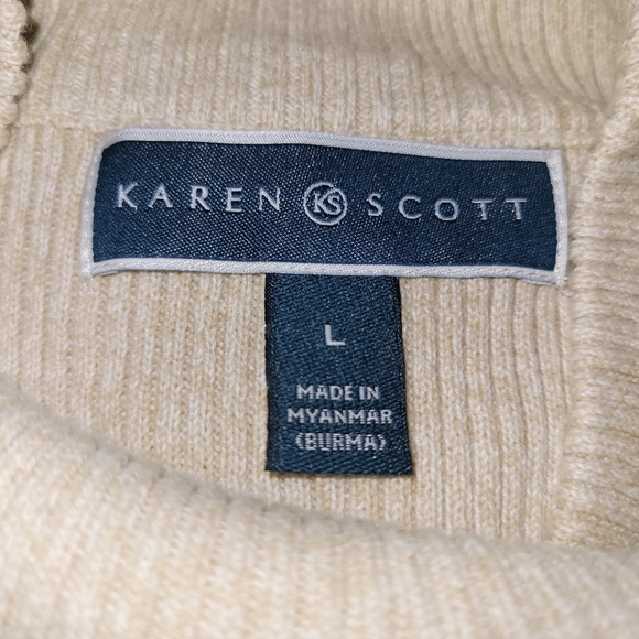 Large KAREN SCOTT 100% Cotton Cream Mock Neck Long Sleeve Ribbed Knit Sweater - Picture 4 of 5